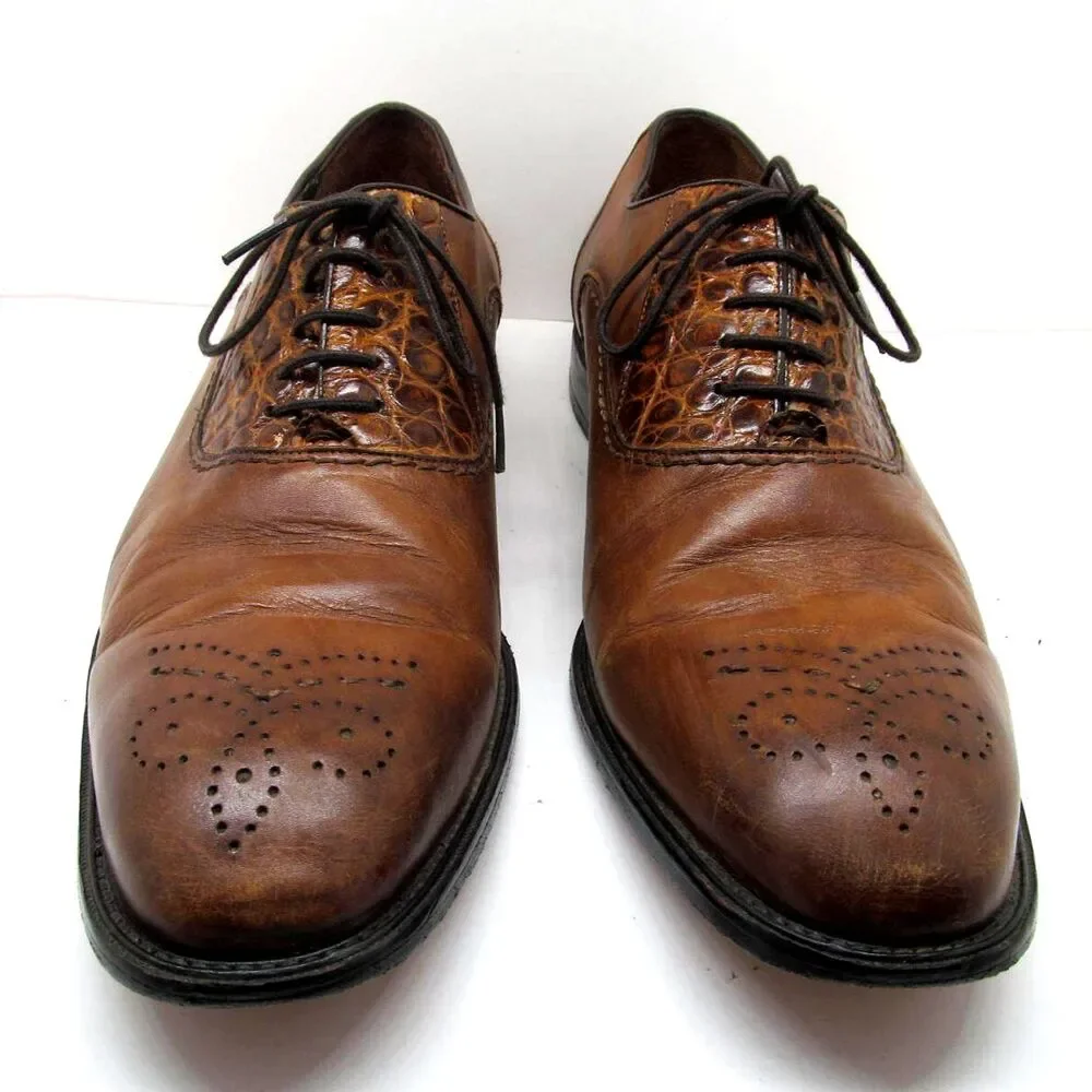 Belvedere Mens Handmade Brown Leather And Genuine Alligator Oxfords Size US 13 D